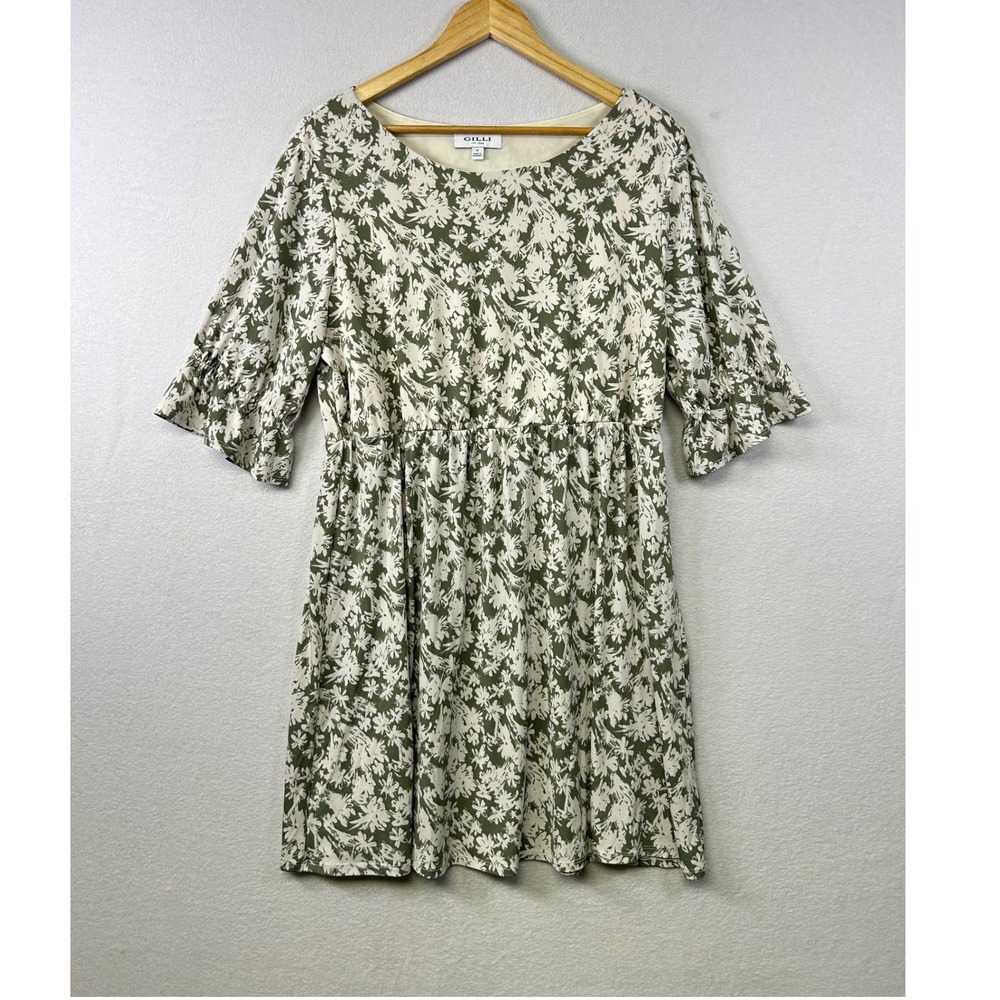 Gilli Floral Print Dress Green‎ Cream Ruffle Sleeve Elastic Waist Midi Women 1X